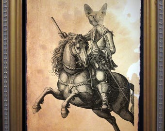 Sphynx Cat Knight on a Horse  Cat Art Print  Vintage Collage Art Print on Tea Stained Paper dog art  dog s    xmas  for mom