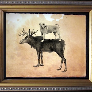 Labrador Retriever Yellow Lab Riding Moose  Vintage Collage Art Print on Tea Stained Paper dog art  dog s    xmas  for momdog christmas gift