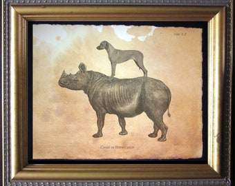 Rhodesian Ridgeback Dog Riding Rhinoceros – Vintage-Style Collage Art Print Tea-Stained Cotton Rag Paper | Dog Lover Wall Art