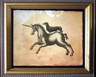 Black Dachshund Wiener Dog Riding Unicorn  Vintage Collage Art Print on Tea Stained Paper        xmas  for momWFH office art