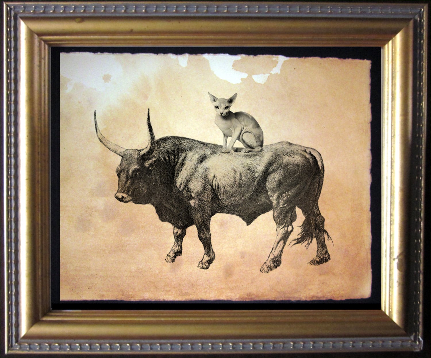 Cat Riding Bull  Sphynx Cat Riding Bull  Vintage Collage Art Print on Tea Stained Paper        xmas  for momWFH office artdog christmas gift