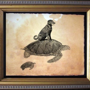 Labrador Retriever Chocolate Lab Riding Turtle  Vintage Collage Art Print on Tea Stained Paper dog art  dog s   WFH office art