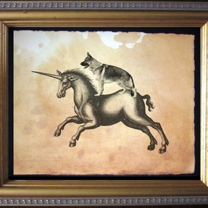 May include: A black and white illustration of a unicorn with a German Shepherd dog riding on its back. The image is on a vintage, aged paper background.
