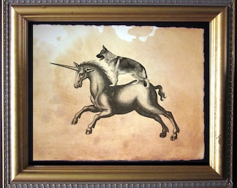 German Shepherd Dog Riding Unicorn  Vintage Collage Print Tea Stained dog art  dog gift for her Father’s Day gift for home office art WFH