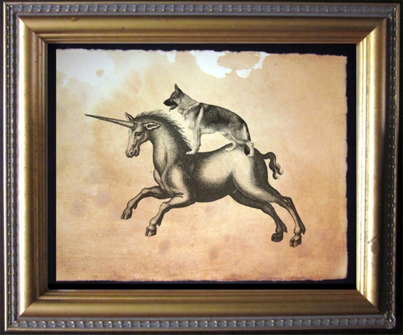 German Shepherd Dog Riding Unicorn  Vintage Collage Print Tea Stained dog art  dog gift for her Father’s Day gift for home office art WFH