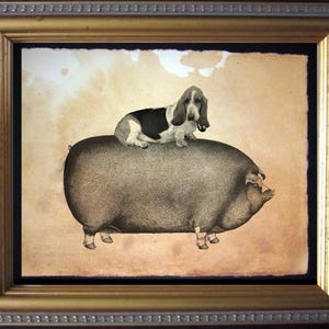 Basset Hound Dog Riding Pig  Vintage Collage Art Print on Tea Stained Paper   dog art  dog s      xmas  for momdog christmas gift