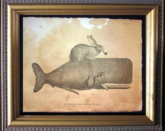 Bunny Rabbit Riding Whale Vintage Collage Print Tea Stain bunny art gifts for rabbit lover bunny Christmas gifts for bunny loss gifts
