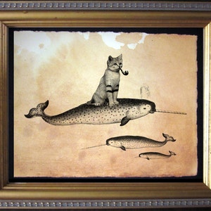 Sandcat Cat Riding Narwhal Vintage Collage Print tea stain cat art cat gifts for christmas gifts for cat lovers gifts for boyfriends image 1