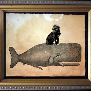 Carlin noir avec chapeau de capitaine chevauchant une baleine, impression d'art collage vintage sur papier teinté thé Noël pour art de bureau momWFH
