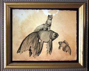 Cat Riding Goldfish  Sandcat Riding Goldfish  Vintage Collage Art Print on Tea Stained Paper        xmas  for momWFH office art