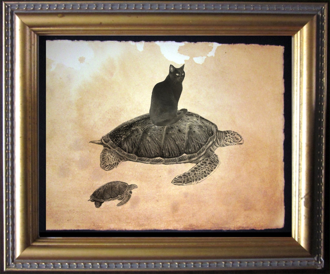 Black Cat Riding Turtle Vintage Collage Art Print Tea Stained