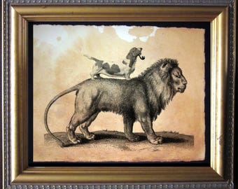 Brown and White Basset Hound Dog Riding Lion  Vintage Collage Art Print on Tea Stained Paper dog art  dog s    xmas  for mom