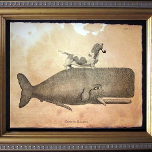 Brown White Basset Hound Dog Riding Whale Vintage Collage Print Tea Stain dog art gifts for dog mom dog christmas gifts for dog loss gifts