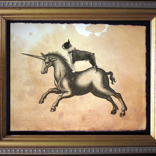 Boston Terrier Riding Unicorn  Vintage Collage Art Print on Tea Stained Paper dog art  dog s      xmas  for momdog christmas gift