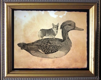 Welsh Corgi Dog Riding Duck  Vintage Collage Art Print on Tea Stained Paper   dog art  dog s      xmas  for momdog christmas gift