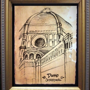 Florence il Duomo  Florence Cathedral Dome  Firenze  Print of Original Travel Sketch on Tea Stained Rives BFK Paper dog art  dog s