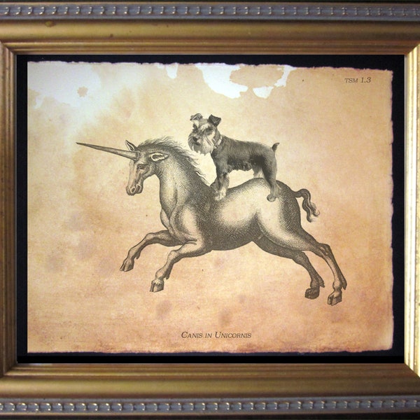 Mini Schnauzer Dog Riding Unicorn Vintage Collage Print tea stain dog art dog gifts for christmas gifts for dog owners gifts for boyfriends
