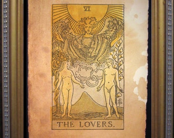 The Lovers Tarot Card Vintage Art Print Tea Stained Paper tarot card reader divination tool psychic  celestial deck witchcraft magick