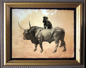 Black Pug Riding Bull Vintage Collage Art Print on Tea Stained Paper   dog art  dog s        xmas  for momWFH office artdog christmas gift