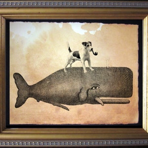Jack Russell Terrier Dog Riding Whale Vintage Collage Print Tea Stained dog art dog gift for her gift home office art WFH art