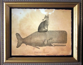 Cat Riding Whale Abyssinian Cat Riding Whale Vintage Collage Print Tea Stained Paper cat art cat  for her cat portrait original art