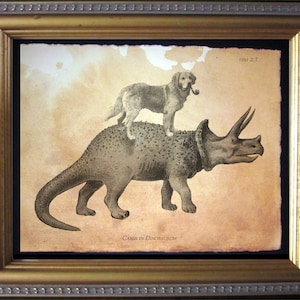 Golden Retriever Dog on Dinosaur Vintage Collage Print Tea Stained dog art dog gift for her dog mom home office art WFH art dog loss gift