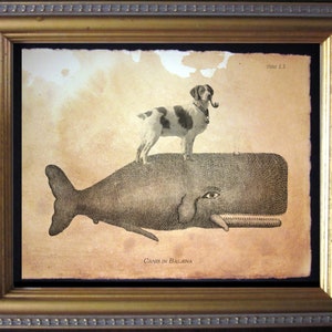Brittany Spaniel Dog Riding Whale Vintage Collage Print Tea Stained Paper dog art dog  for her   for him dog lossWFH office art