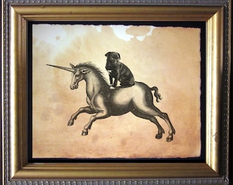 Black Pug Riding Unicorn Vintage Collage Art Print on Tea Stained Paper   dog art  dog s        xmas  for momWFH office art