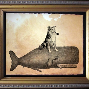 Collie Riding Whale  Vintage Collage Art Print on Tea Stained Paper   dog art  dog s        xmas  for momWFH office artdog christmas gift