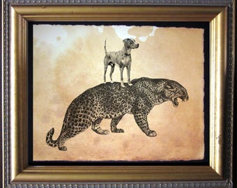 Catahoula Leopard Dog Riding Leopard  Vintage Collage Art Print on Tea Stained Paper        xmas  for momWFH office artdog christmas gift