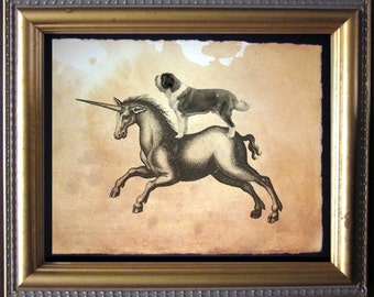 St. Bernard Dog Riding Unicorn  Vintage Collage Art Print on Tea Stained Paper   dog art  dog s      xmas  for momdog christmas gift