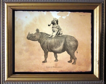 Pug Riding Rhino Art Print, Whimsical Dog Wall Decor