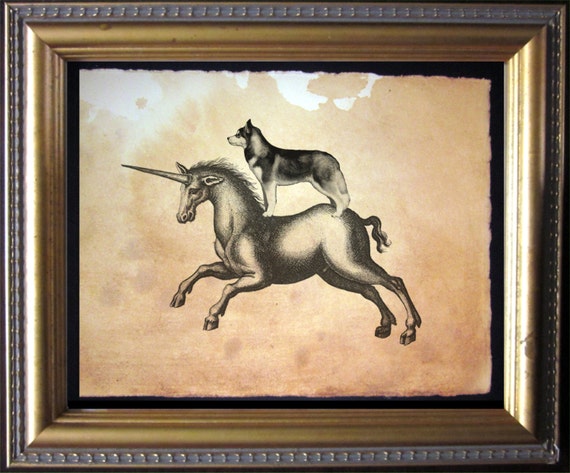 Siberian Husky Riding Unicorn  Vintage Collage Art Print on Tea Stained Paper   dog art  dog s      xmas  for momdog christmas gift