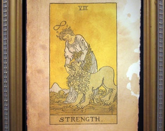 Strength Tarot Card Vintage Art Print Tea Stained Paper tarot card reader divination tool psychic  celestial deck witchcraft magick