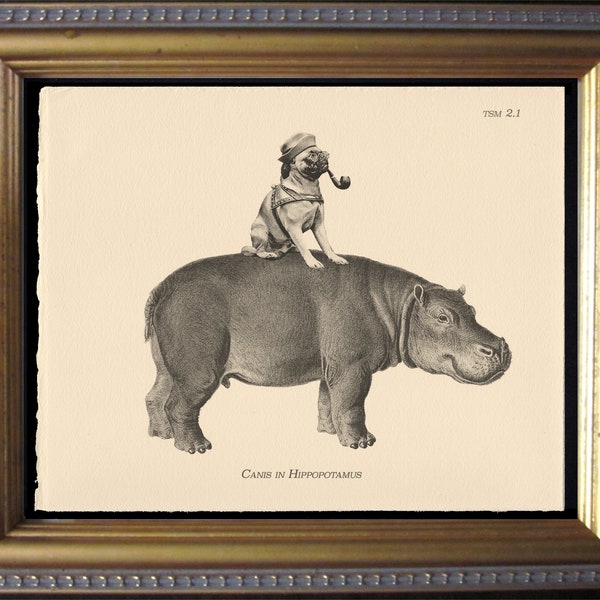 Pug Riding Hippo vintage Collage Print on Creme Paper chien art cadeau pour chien cadeaux de Noël pour les propriétaires de chiens cadeaux arc-en-ciel pont cadeaux pour elle