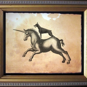 Doberman Pinscher Dog Riding Unicorn  Vintage Collage Art Print on Tea Stained Paper        xmas  for momWFH office artdog christmas gift