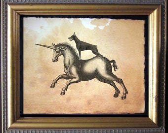 Doberman Pinscher Dog Riding Unicorn – Vintage Collage Art Print on Tea-Stained Cotton Rag Paper | Dog Lover Wall Art