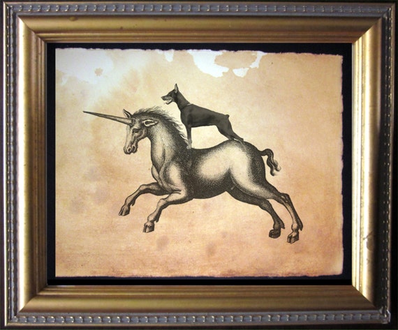 Doberman Pinscher Dog Riding Unicorn – Vintage Collage Art Print