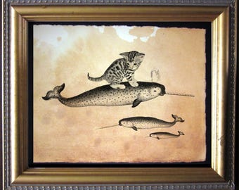 Kitten Riding Narwhal Bengal Cat Riding Narwhal Vintage Collage Art Print on Tea Stained Paper xmas for momdog regalo de Navidad