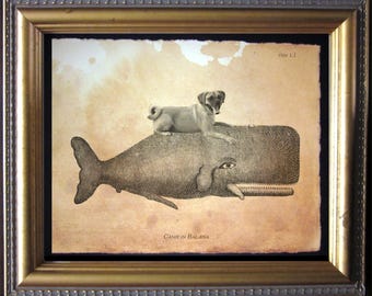 Puggle Riding Whale  Vintage Collage Art Print on Tea Stained Paper  dog art  dog   puggle art    xmas  for momWFH office art