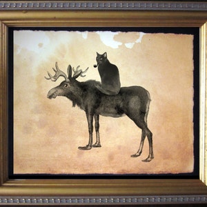 Black Cat Riding Moose Vintage Collage Art Print Tea Stained Pape cat art cat gift for her gift for home office art WFH art