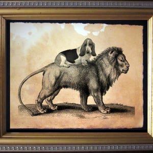 Basset Hound Dog Riding Lion  Vintage Collage Art Print on Tea Stained Paper   dog art  dog s      xmas  for momdog christmas gift