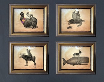 ONE CUSTOM PRINT Your Pet Riding Whale, Narwhal, Etc. Vintage Collage Art Print on Tea Stained Paper dog pet art pet forher