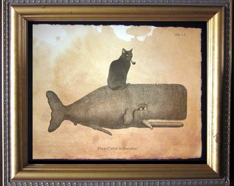 Chat noir chevauchant une baleine, impression de collage, tache de thé, art de chat, cadeaux de chat pour Noël, cadeaux pour amoureux des chats, cadeaux pour petits amis, baleines