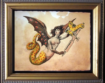 Tattoo Lady  Tattoo Machine Art  Melusine Mythology  Winged Mermaid  Vintage Collage Art Print on Tea Stained Paper   WFH office art