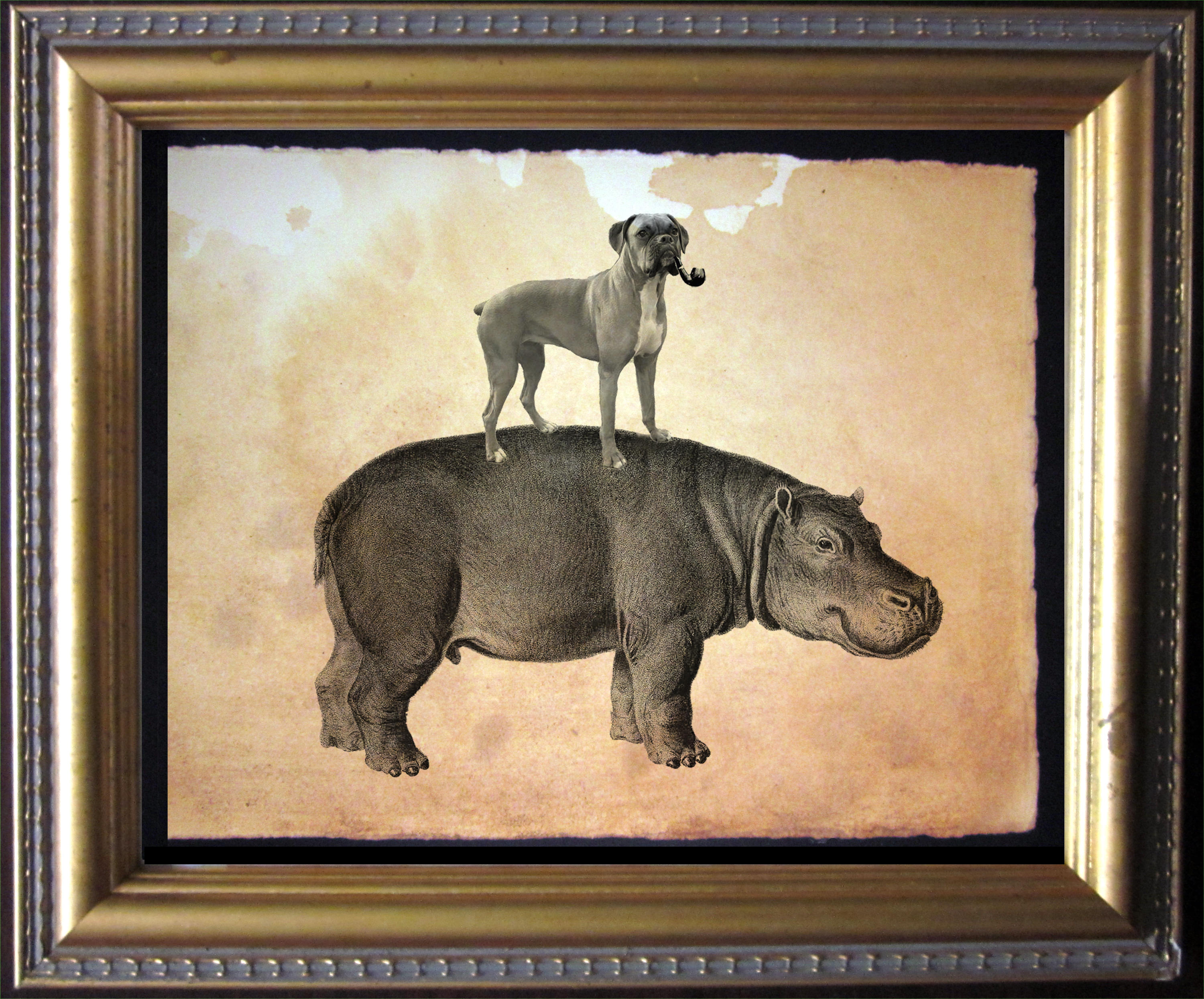 Boxer Dog Riding Hippo Collage Art Print Tea Stained Paper dog art dog christmas gift for dog mom dog dad gift for boxer lovers