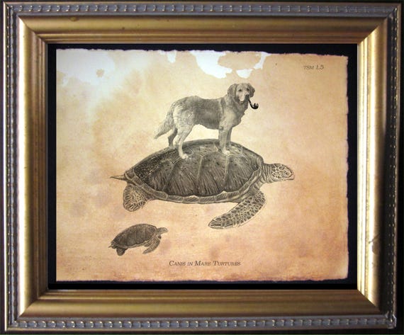 Golden Retriever Riding Sea Turtle Art Print, Whimsical Dog Wall Art