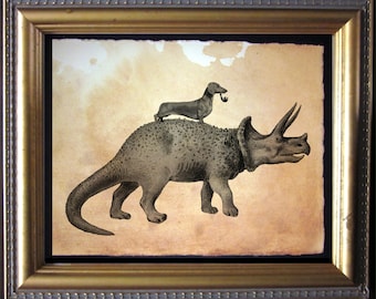 Dachshund Wiener Dog Riding Dinosaur Triceratops Vintage Collage Art Print Tea Stained Paper   for dachshund owner WFH office art