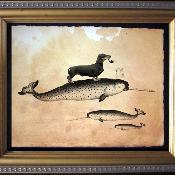 Black Dachshund Wiener Dog Riding Narwhal  Vintage Collage Art Print on Tea Stained Paper        xmas  for momWFH office art