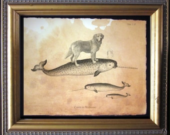 Golden Retriever Riding Narwhal Vintage Collage Print Tea Stained dog art dog gift for her gift for home office art dog art christmas gift